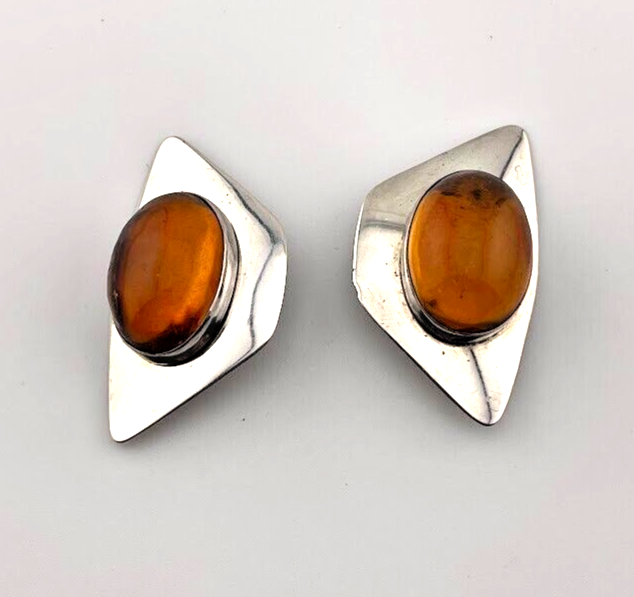 VINTAGE SAM LOVATO STERLING SILVER AMBER CLIP ON EARRINGS NATIVE AMERICAN 3590