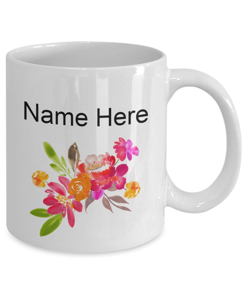 Custom Name Mug With Floral Design White Porcelain Coffee Mug 11 Oz