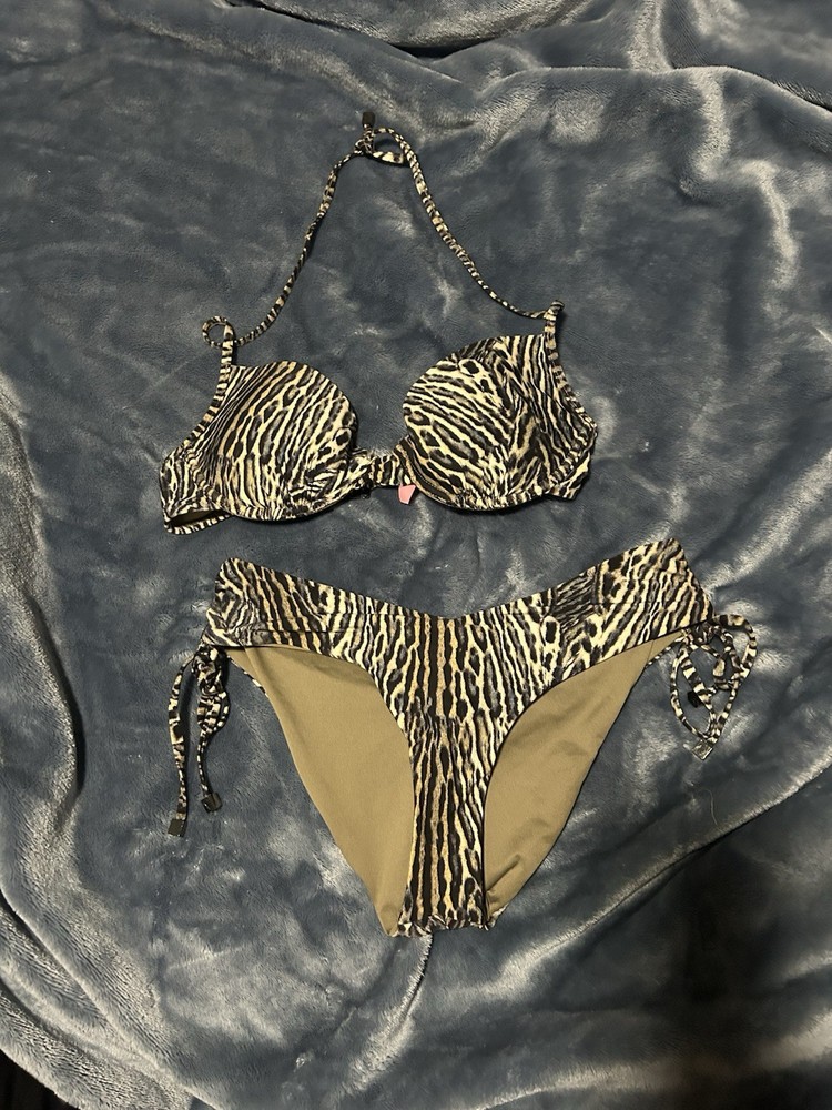 Victoria’s Secret Leopard Print Bikini Set 34c Halter Top And Tie Bottoms