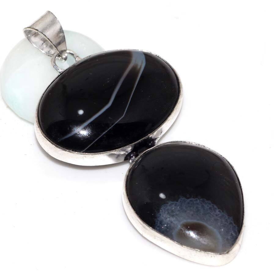 925 Silver Plated Black Onyx Handmade Ethnic Pendant Jewelry 2.5 Inch JW