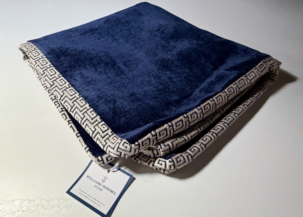 Williams Sonoma Navy Velvet Pillow Cover With Greek Key Trim
