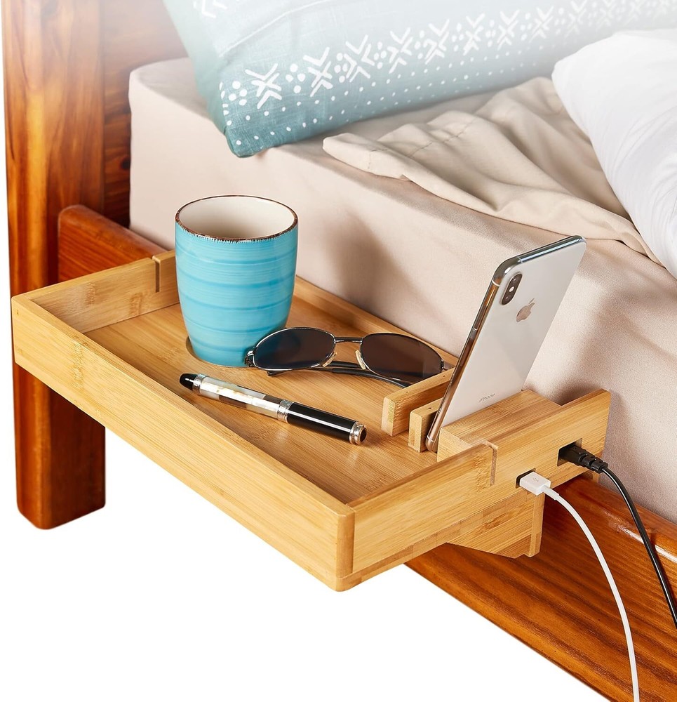 Bamboo Bedside Shelf for Bed, Dorm Bed fits a Laptop, Books, and Brown