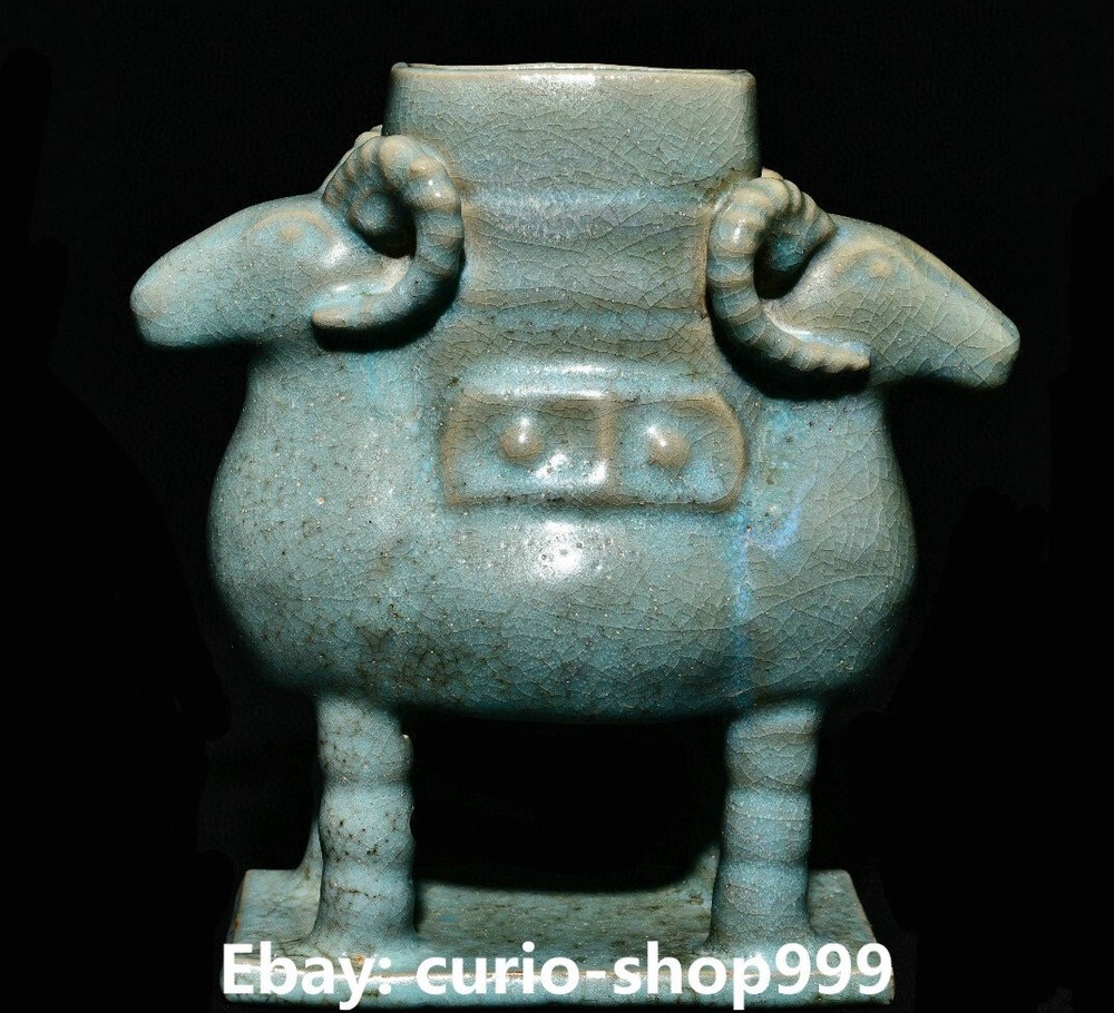 7.8 Inch Old China Song Dynasty Ru Kiln Porcelain Sheep Goat Animal Zun Vase Antique Collection