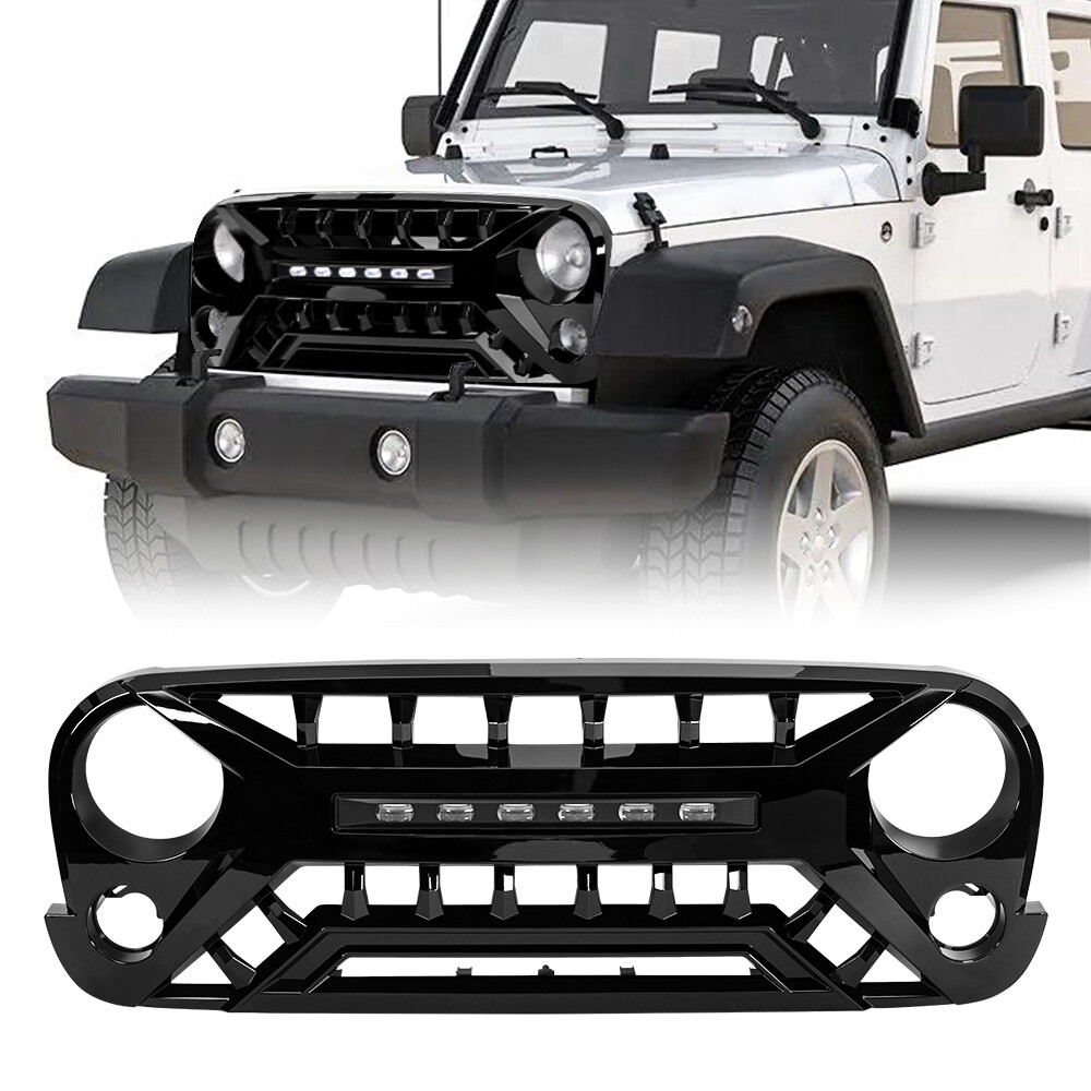Glossy Black Front Armor Grille Grill W/LED Light For 2007-2018 Jeep Wrangler JK
