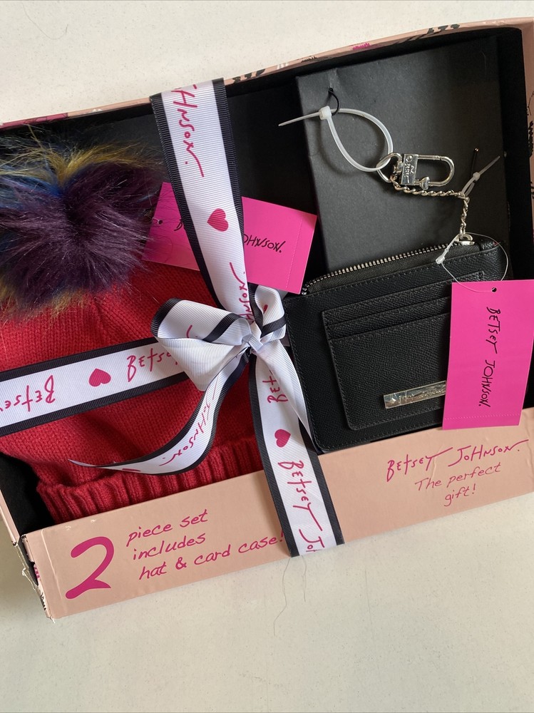 Betsey Johnson Colorful Pompom Hat and Black ID Wallet Gift Set-image