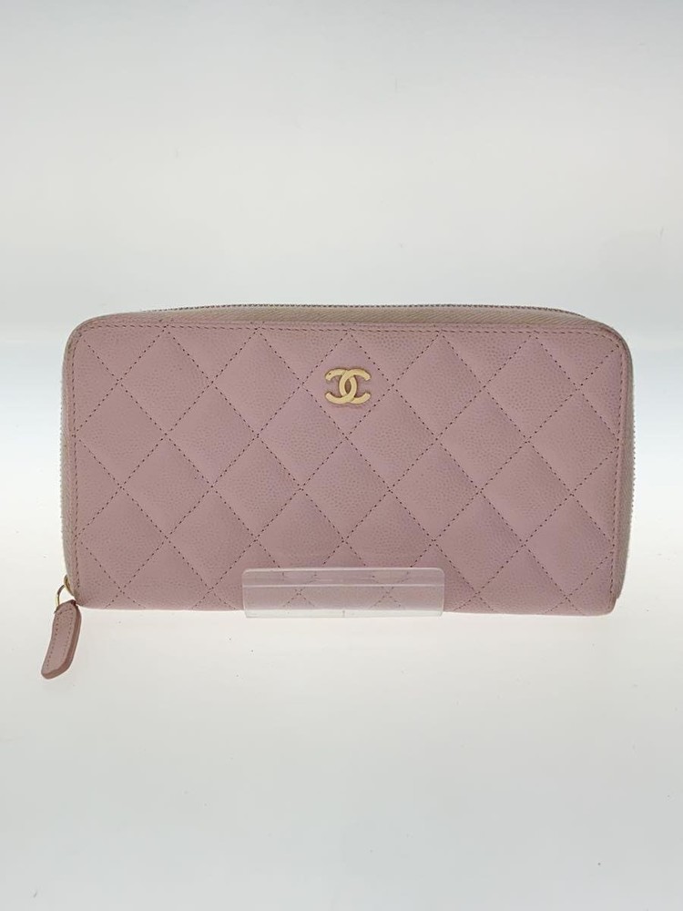 CHANEL Pre-Loved Pink Caviar Matelassé Long Zip Wallet Gold CC