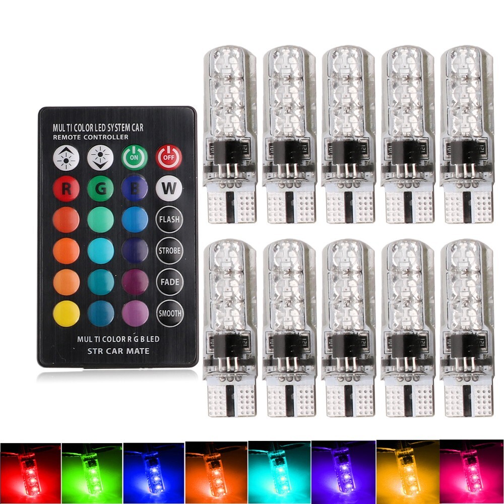 10x Multi Color RGB LED Bulb Car Parking Light 168 194 T10 w/ RF Remote Control
