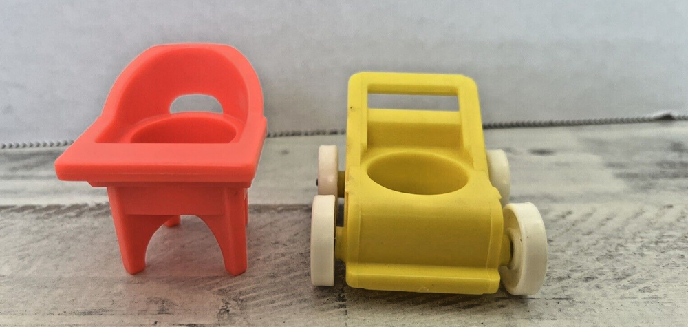 Vtg Fisher Price Little People Red Baby High Chair and Yellow Stroller