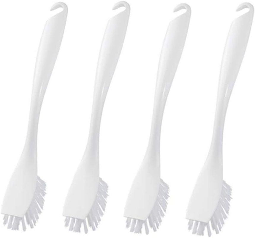 Long-handled hangable dish brush with built-in scraper for easy cleaning