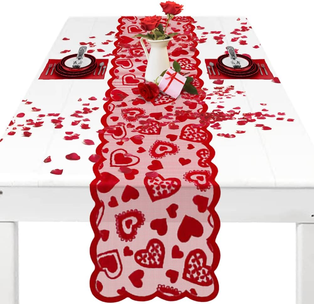 Valentines Day Table Runner, Red Heart Lace Table Runner for Party Home Wedding