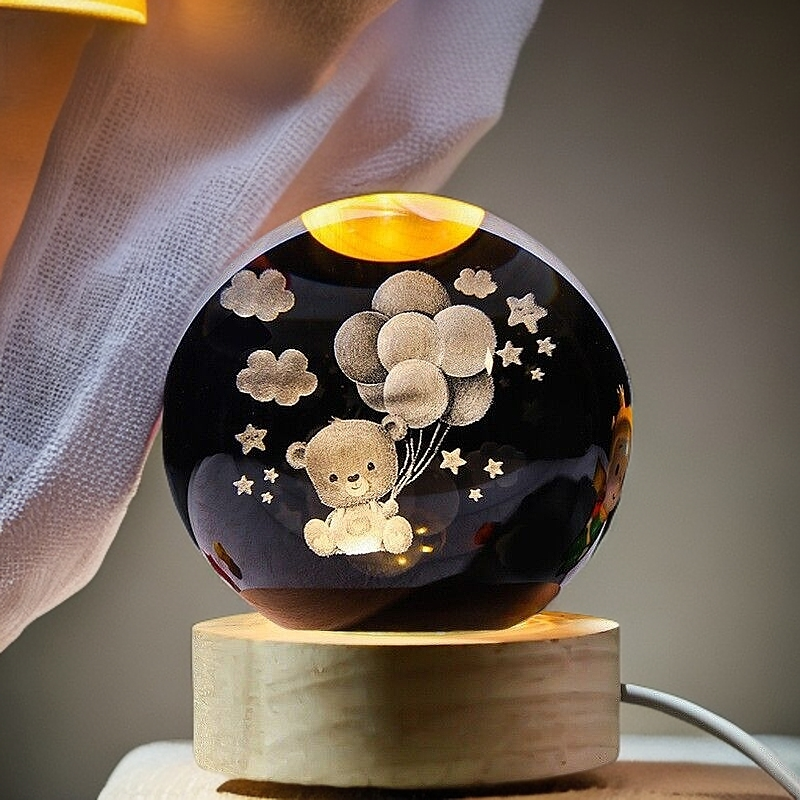 3D Carve Crystal Ball (Kid Bear) Night Light with Wooden Base Kids Gift Healing