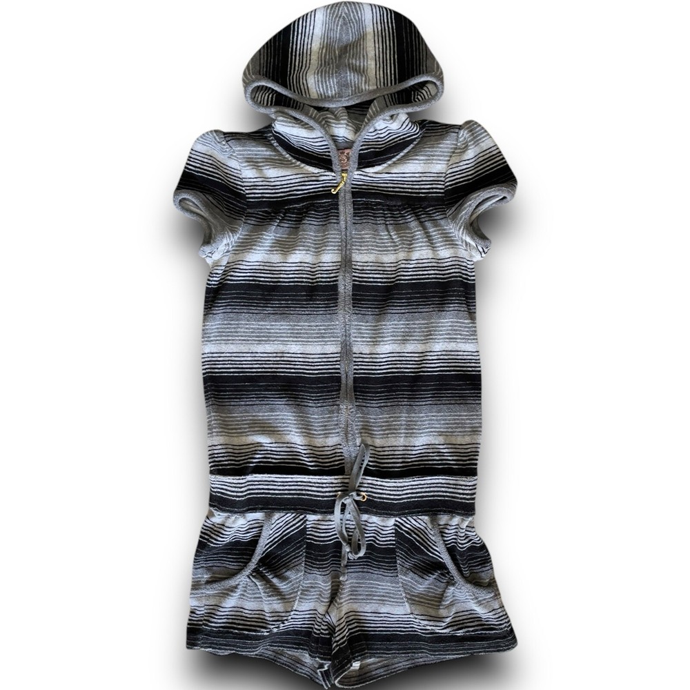 Vtg Y2K Juicy Couture Terrycloth Jumpsuit Romper Hoodie Striped Drawstring Waist