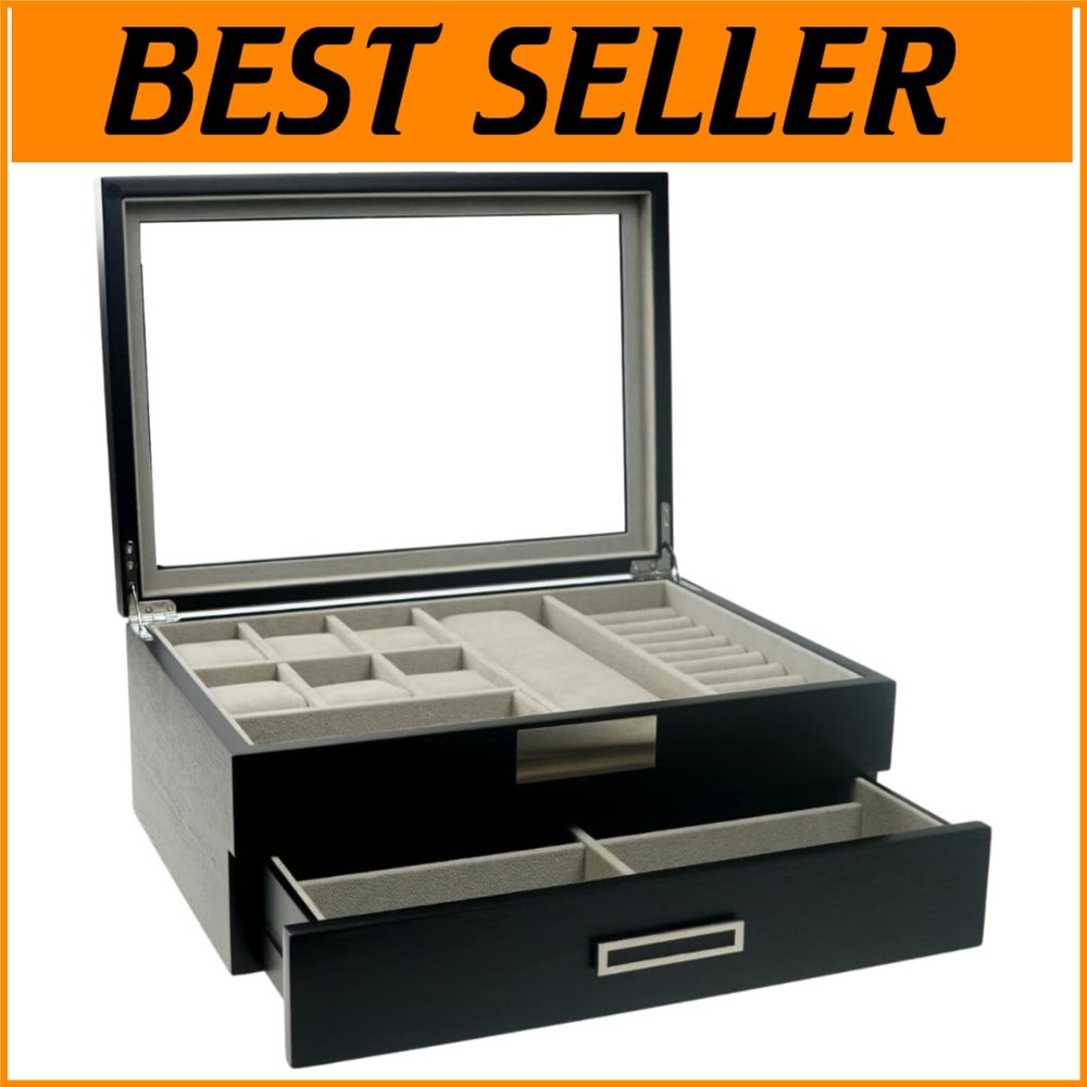Stylish 14-Compartment Portable Wood Jewelry & Accessories Valet Organizer  