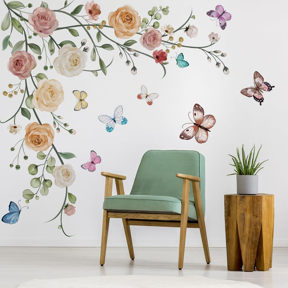 Hanging Flower Vine Wall Art Stickers Peony Floral Butterfly Wall Decals for Gir