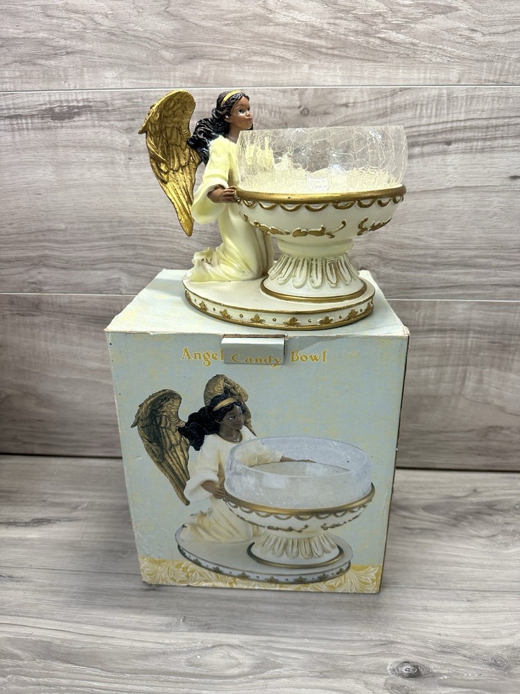 Vintage African American Angel Crackle Glass Candy Bowl Seasonal Collectible-image