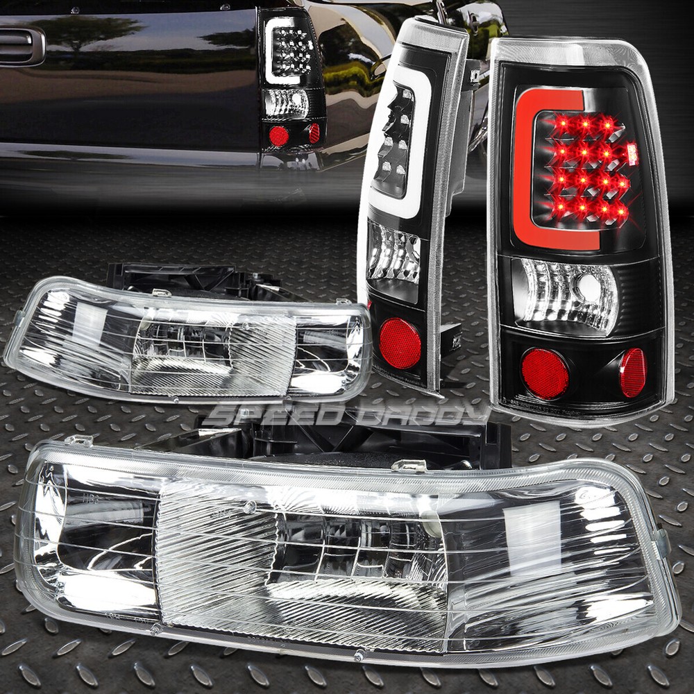 CHROME CRYSTAL HEADLIGHT+CORNER+BLACK 3D LED BAR TAIL LIGHT FOR 99-02 SILVERADO