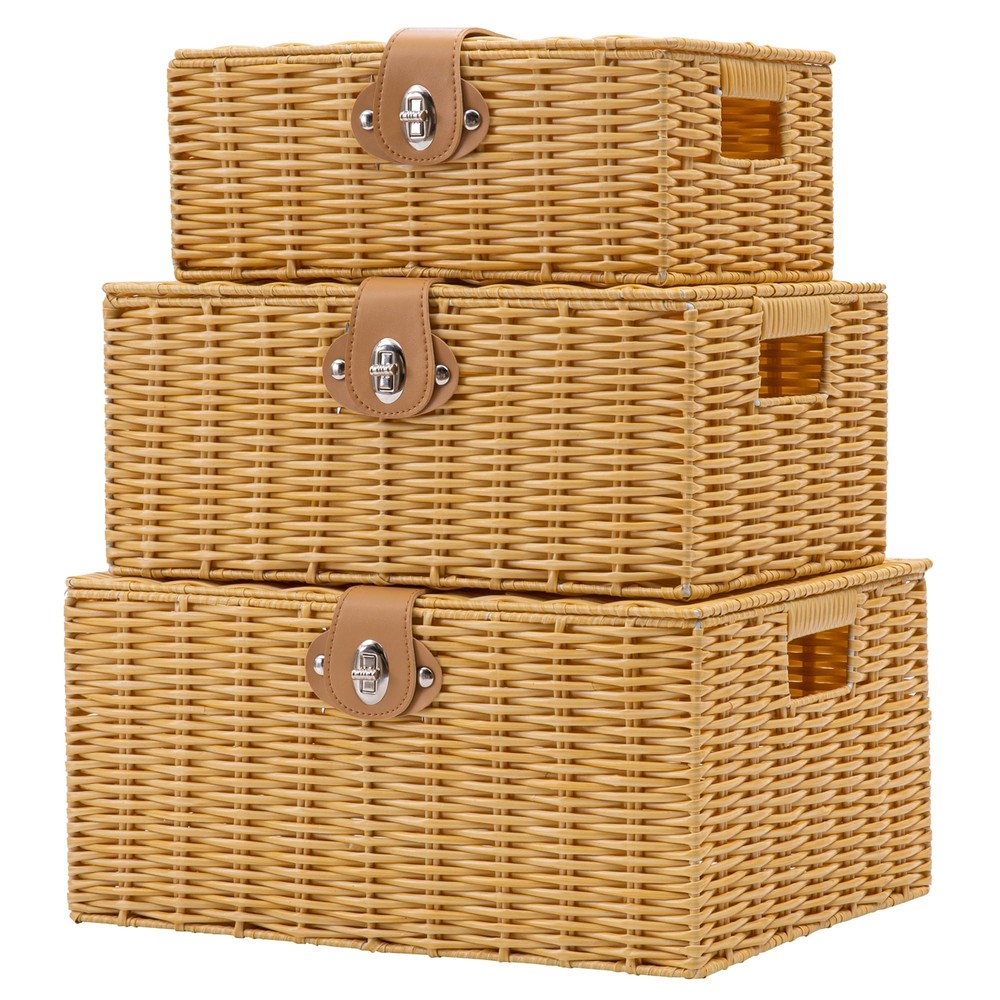 Set of 3 Decorative Wicker Storage Baskets with Lids for Organization