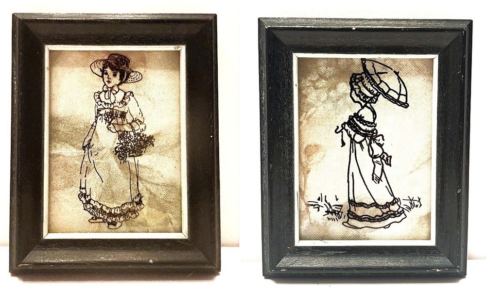 PAIR 1930’s Painted Silhouette on Glass Victorian Girls Walking