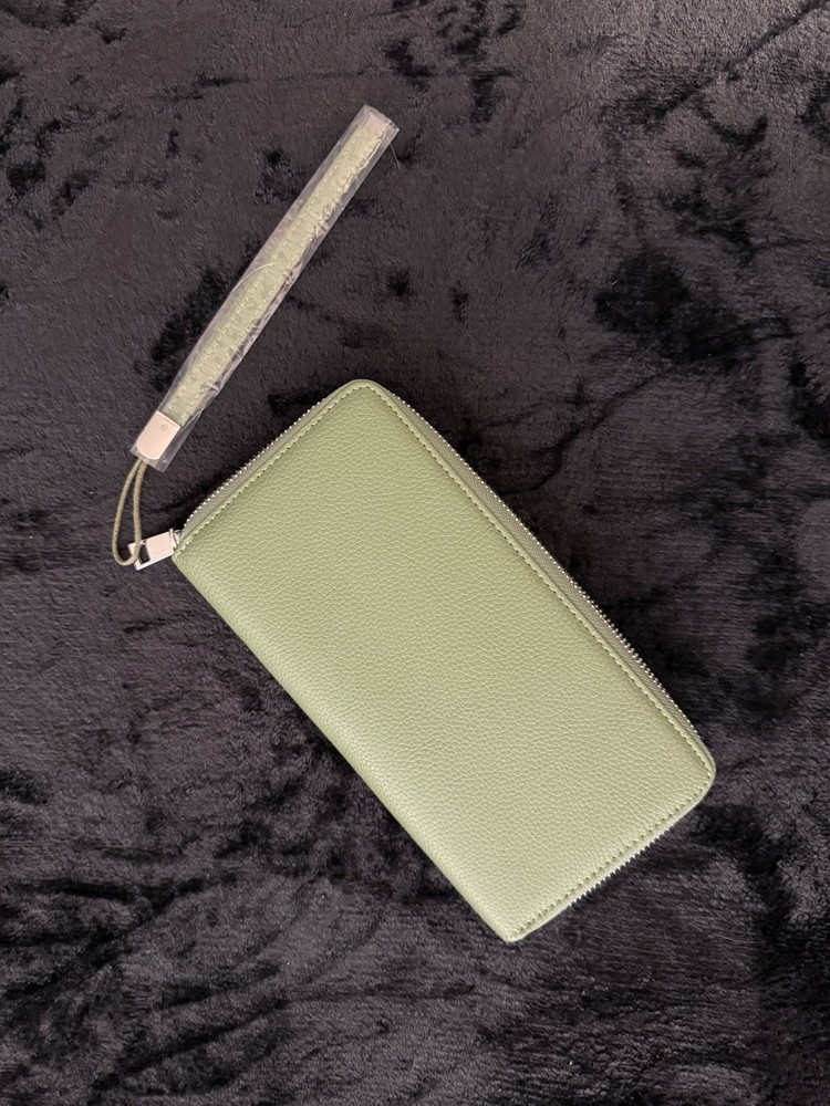 Green Zip Around Wristlet Wallet Large Clutch Card Organizer Vegan Leather
