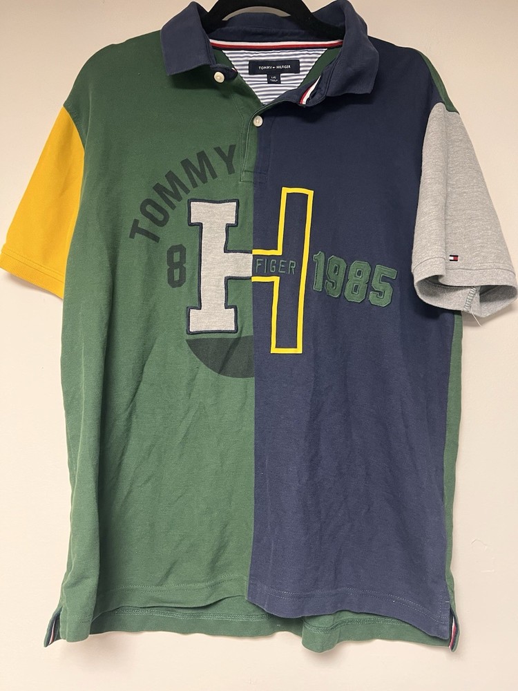 Tommy Hilfiger Polo Shirt  Men L Color Block Spell out 1985 Y2K Retro