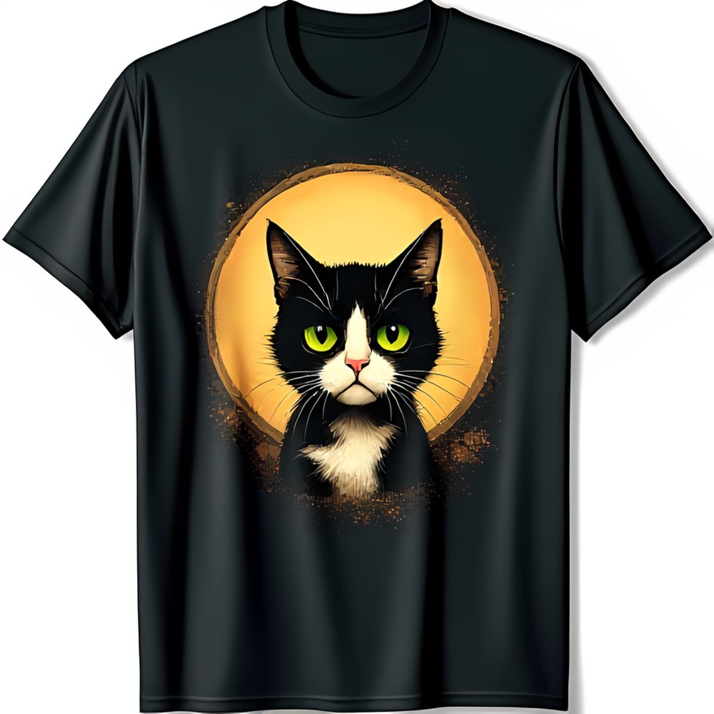Bold Black T-Shirt with Enigmatic Black & White Cat Graphic Eye Catching Design