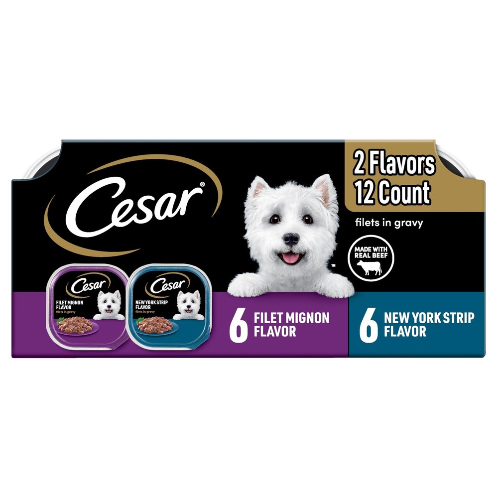 Cesar Adult Soft Wet Dog Food Variety Pack 12 Count Filet Mignon New York Strip