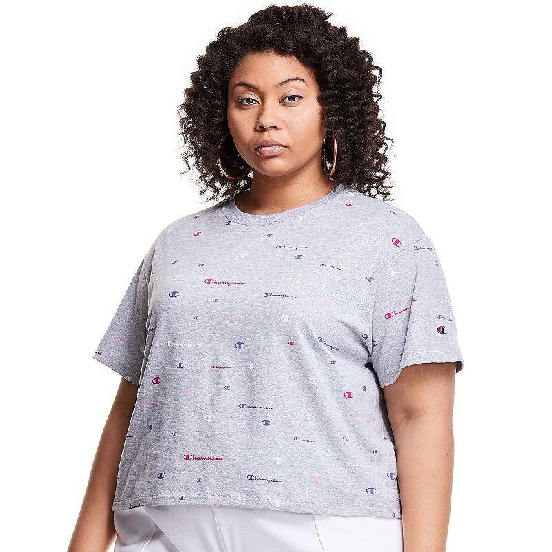 Champion Womens Plus Size 1X Gray Plus Cropped Scatter Logo Athletic Tee Top
