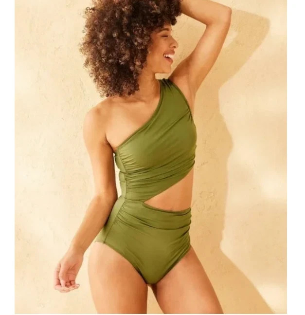 Women's Shirred Cut Out One Shoulder Medium Coverage One Piece Swimsuit - S
