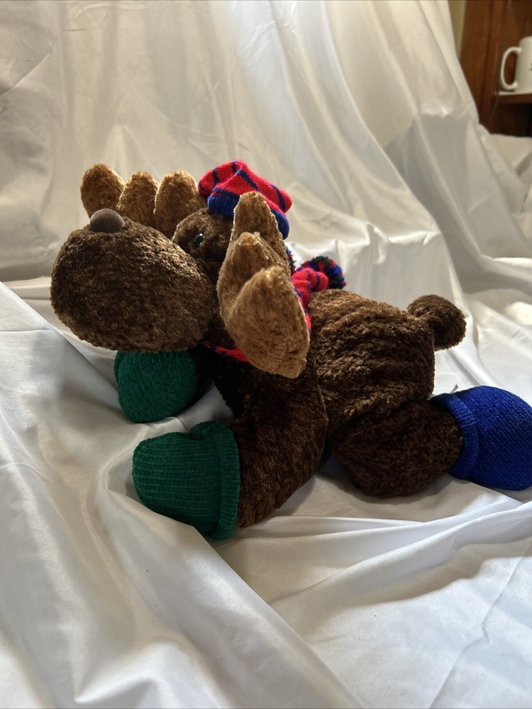 Christmas Reindeer Plush Stuffed Animal Bean Bag Holiday Scarf & Hat