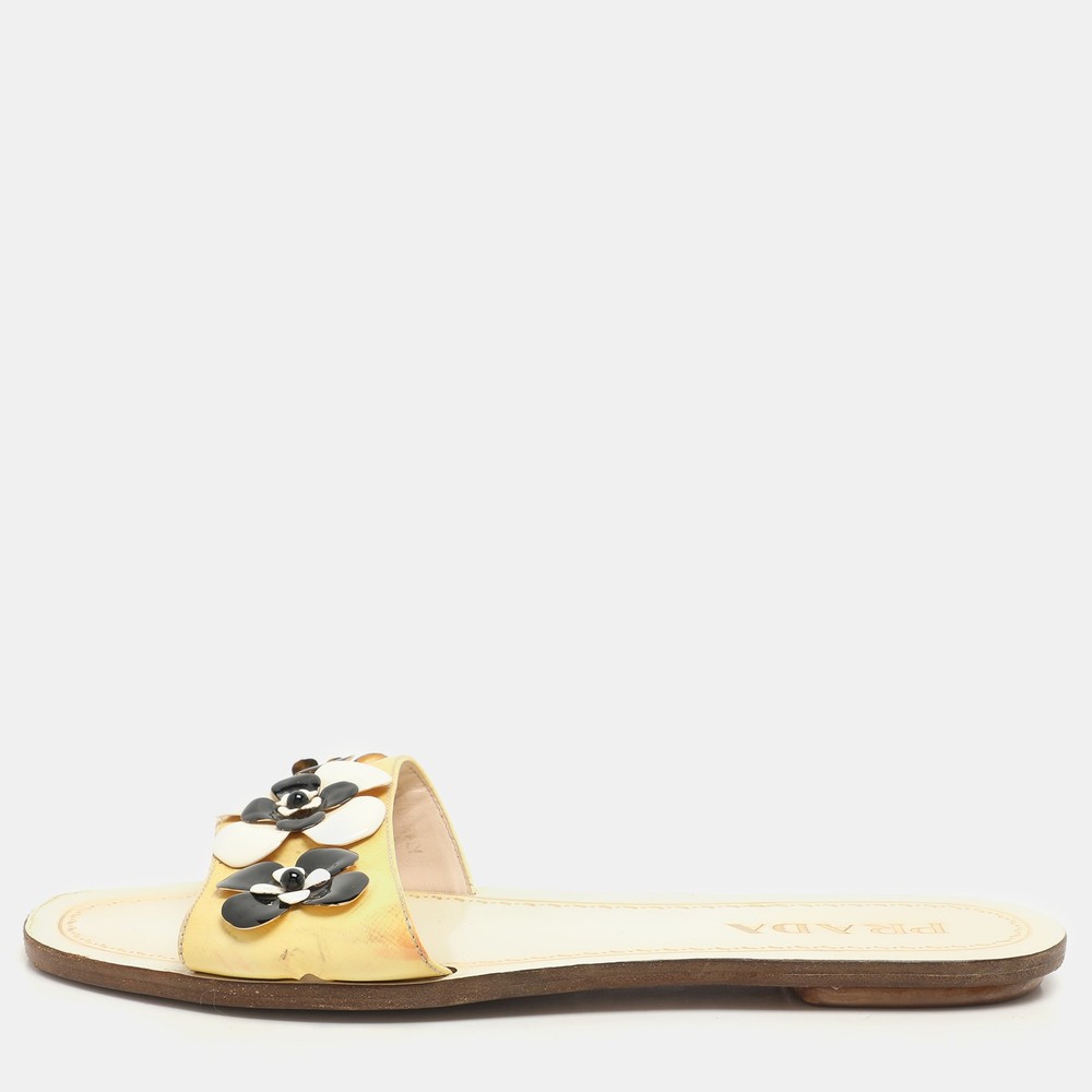 Prada Cream Patent Saffiano Leather Embellished Flats Size 36 EU