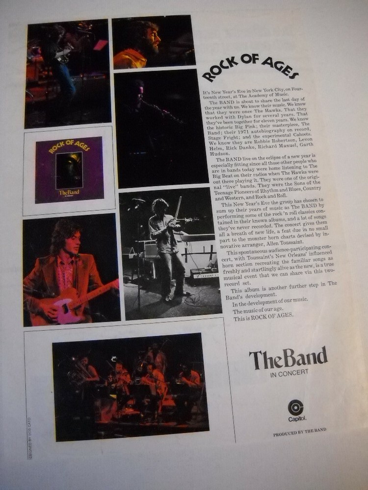The BAND In Concert w/ ROCK OF AGES 1972 Promo Poster Ad please read desciption
