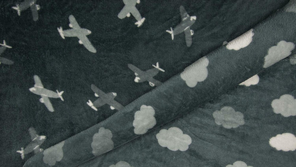 Luxury Reversible Soft Coral Cuddle Fleece Fabric Material - GREY PLANE CLOUDS