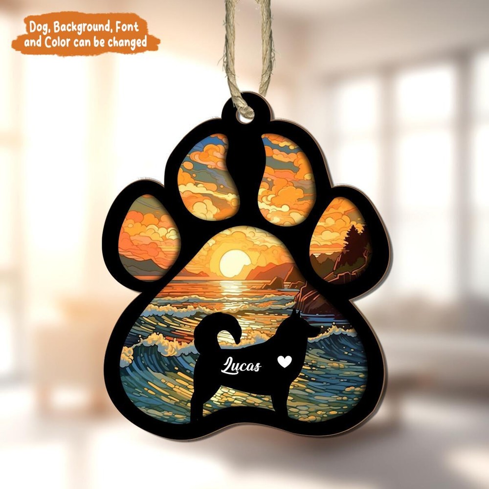 Dog Paw Memorial Suncatcher Ornament  Custom Sunset Background Suncatcher Gift