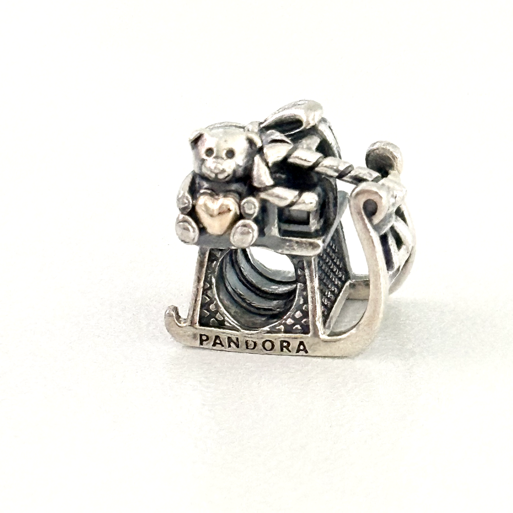 Pandora 925 Silver 14K Gold Heart Teddy Bear Dashing Through Snow Sleigh Charm