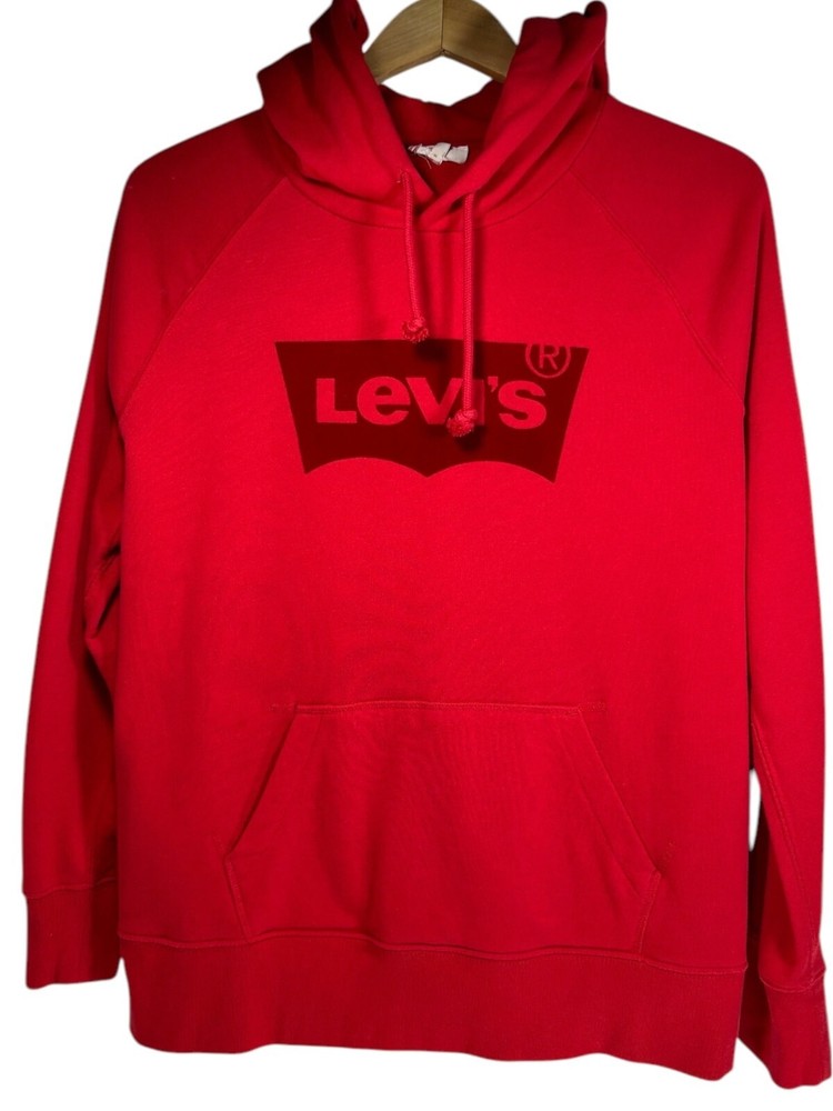 Levi’s Hoodie Women M Red Logo Velour Textured Pullover Hoodie Cozy Athleisure