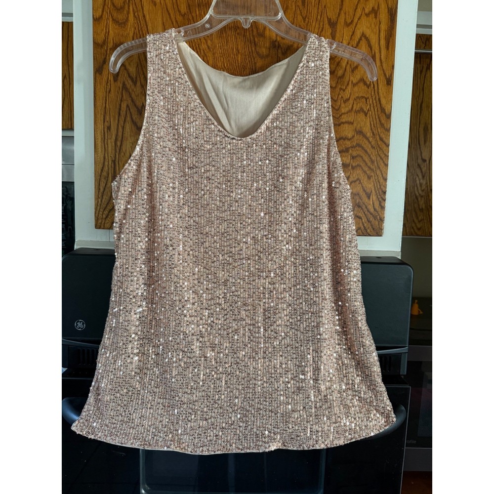 Womens Sequins Sleeveless V Neck Sparkly Party Tank Top Rose Gold XL