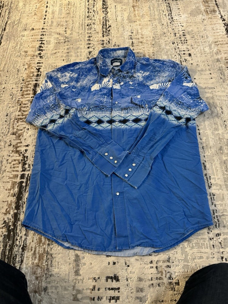 Vintage Wrangler Shirt Mens Size XL Western Aztec Print Pearl Snap Long Sleeve