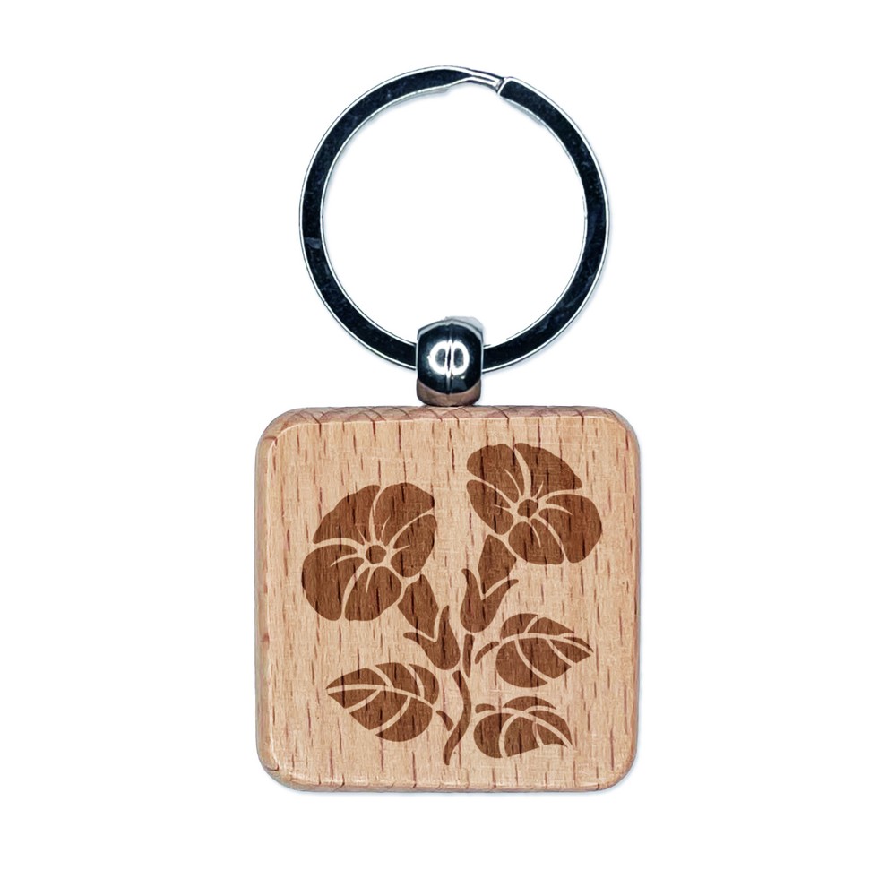 Morning Glory Floral Engraved Wooden Square Keychain Charm  