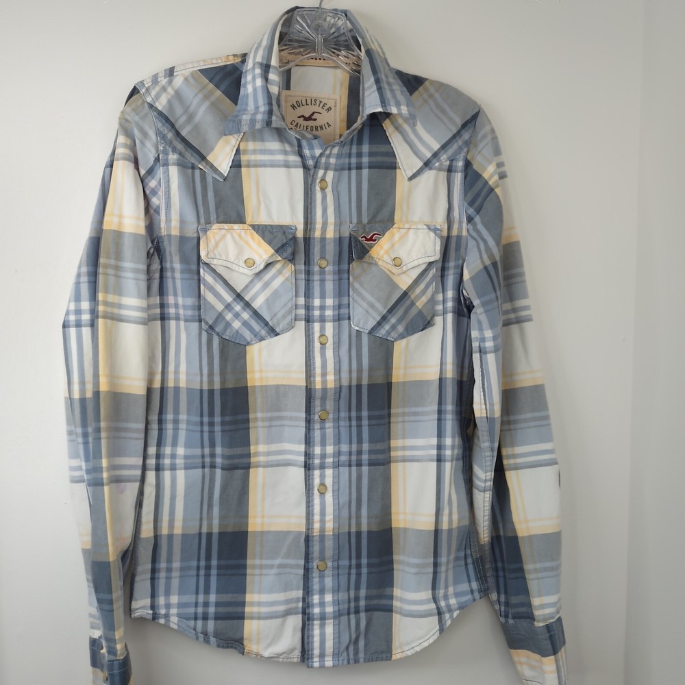 Hollister California Women's Shirt Size XS Gray/Blue plaid Pearl Snap Closure