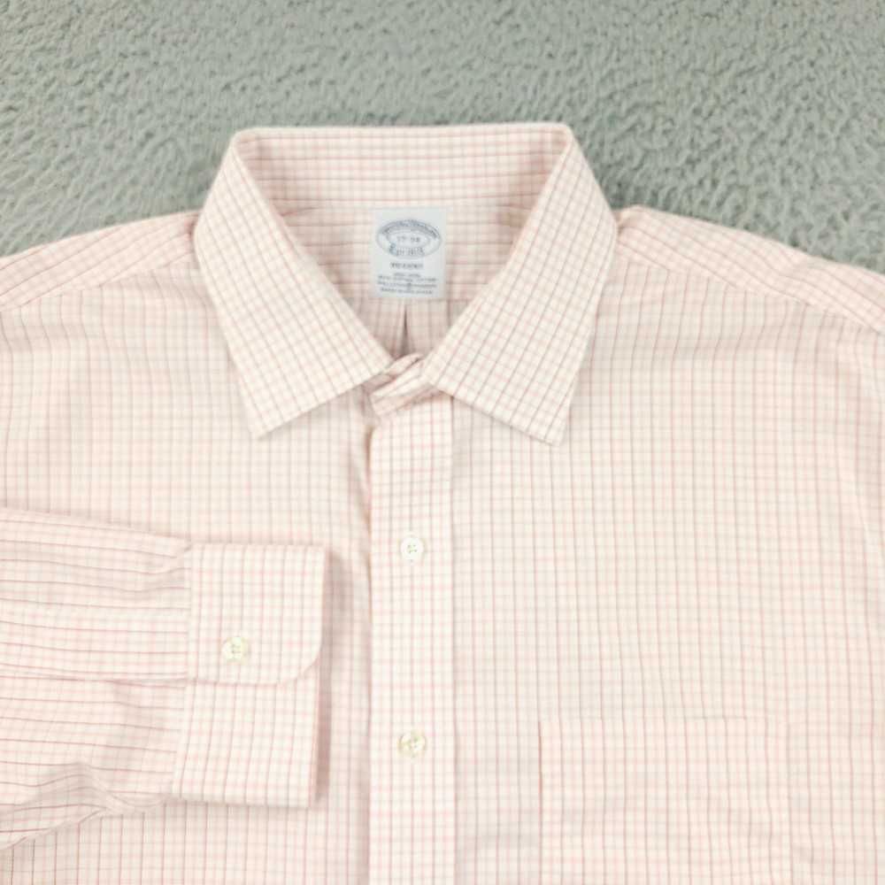 Brooks Brothers Dress Shirt Mens 17 Pink Check Regent Non Iron Supima Stretch
