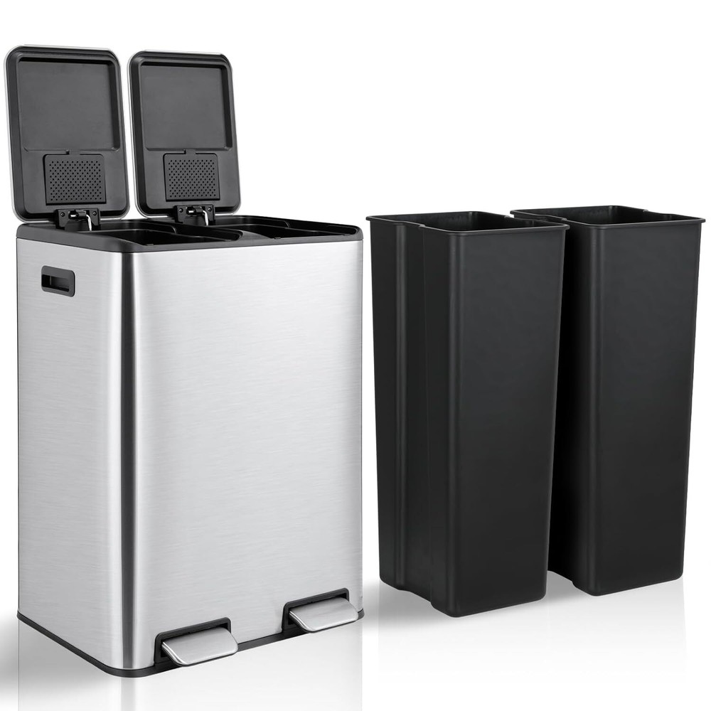 16 Gallon Stainless Steel Kitchen Trash Can Dual Compartment Garbage Can Silver