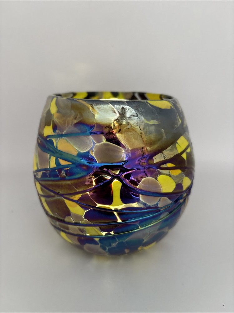 Handblown Art Glass Colorful Tea Light Holder with Textured Swirl Design
