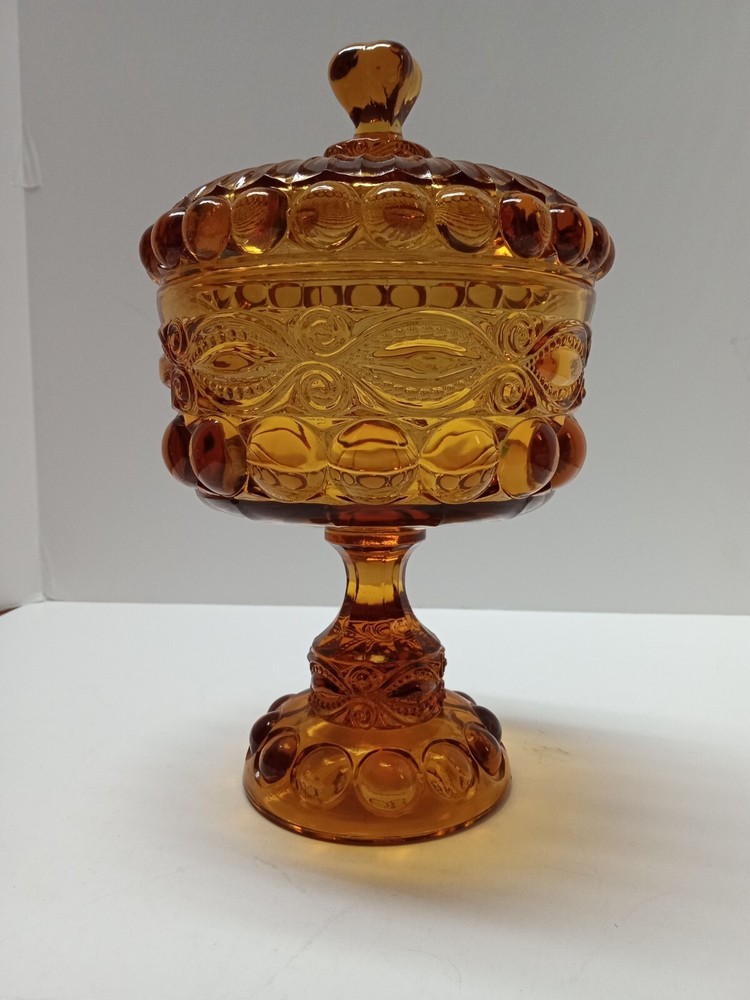 Amber Eyewinker Pedestal Compote Candy Dish w/ Lid 10” LG Wright Mosser