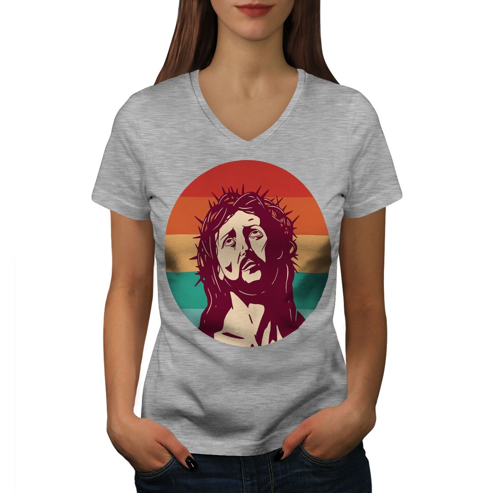 Wellcoda Faithful Jesus Retro Inspired Holy Art Womens V-Neck T-shirt