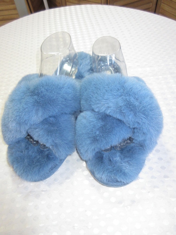 Jessica Simpson Blue Fuzzy Slippers w/Memory Foam, SZ XL (9-10) New W/O Box