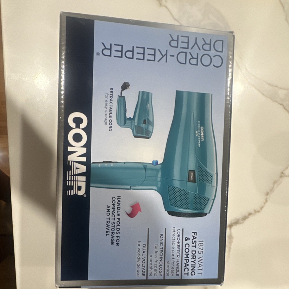Conair Cord-Keeper Folding Handle Hair Dryer 1875W Retractable Cord Blue