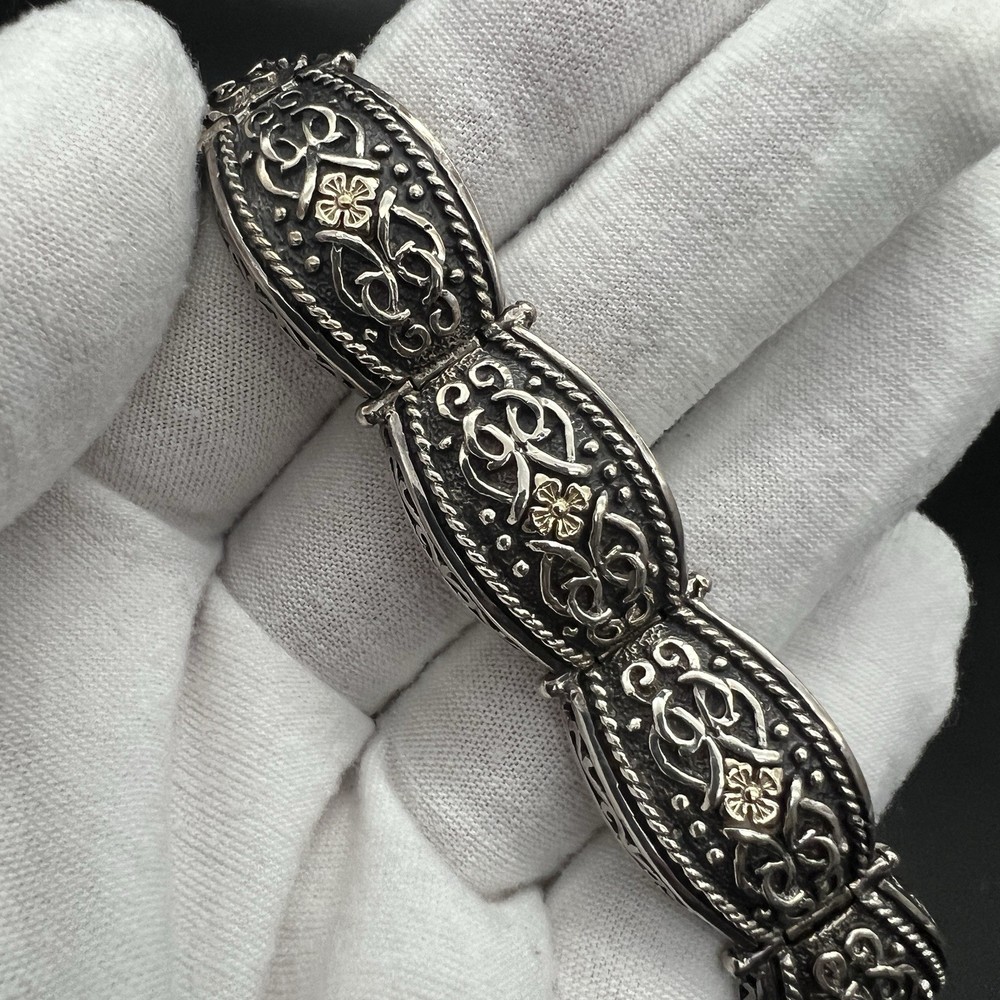 Sterling Silver & 14K Yellow Gold AE Scroll Panel 7 Link Bracelet  7.5-8” 44g