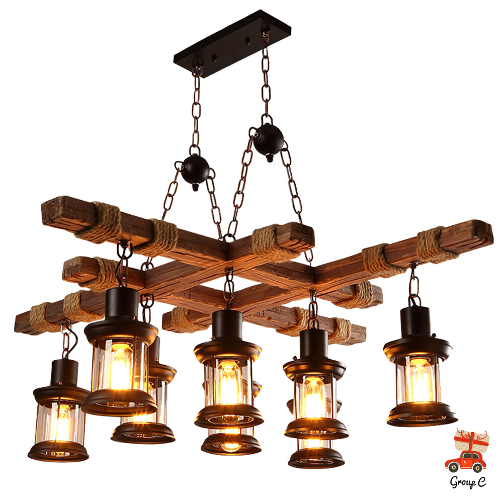 Rustic 8-Light Wood Chandelier Industrial Farmhouse Pendant Ceiling Lamp