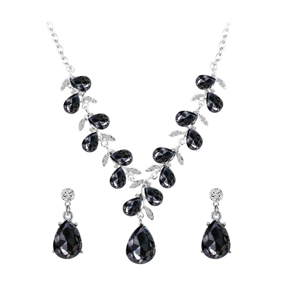 Wedding Jewelry Set Bridal Rhinestone Floral Wave Teardrop Necklace Earrings ...