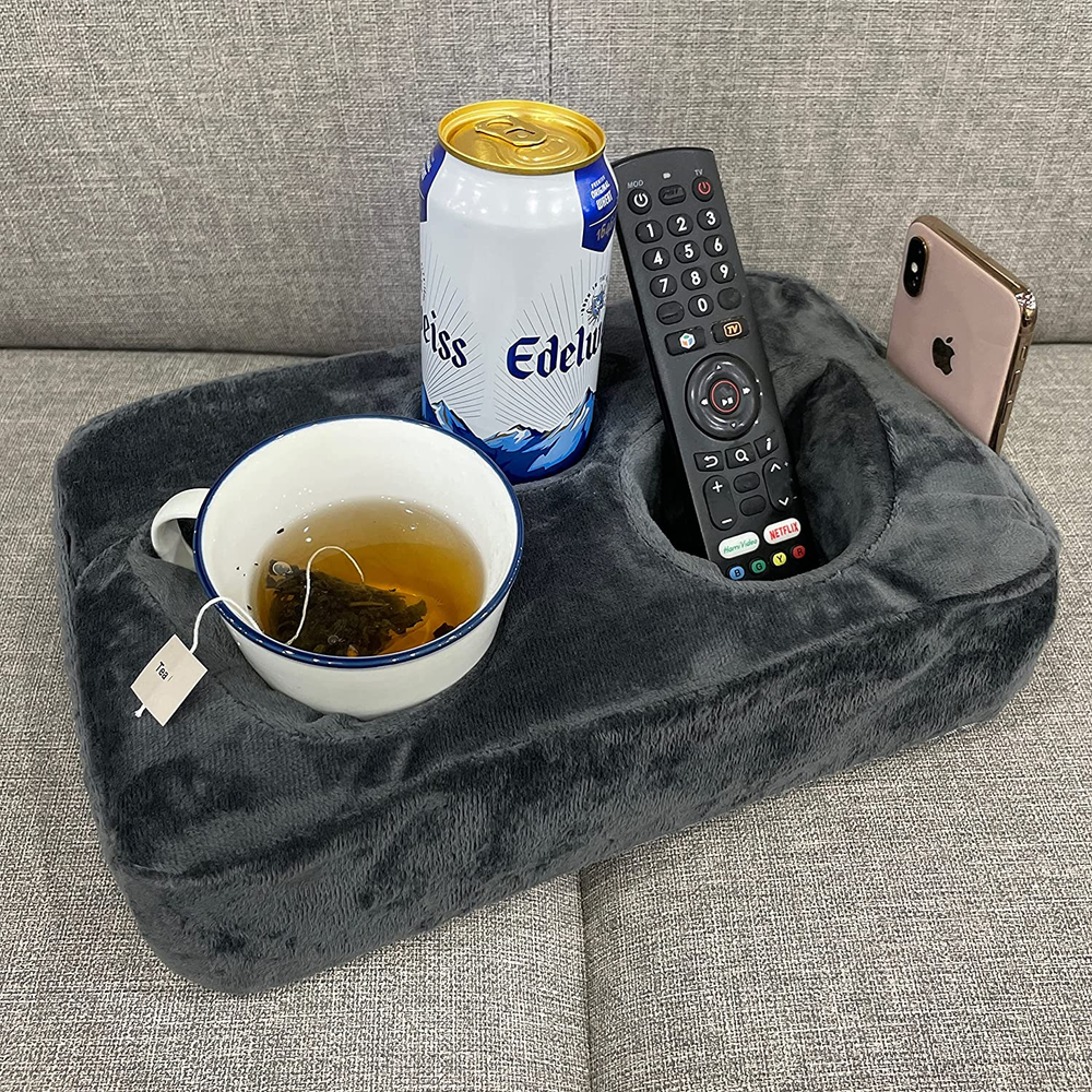 Couch Cup Holder Pillow with Remote Pocket for Sofa or Bed